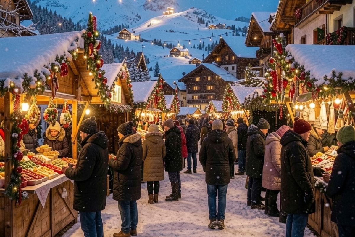 Mercatini di Natale a Biella con decorazioni festive
