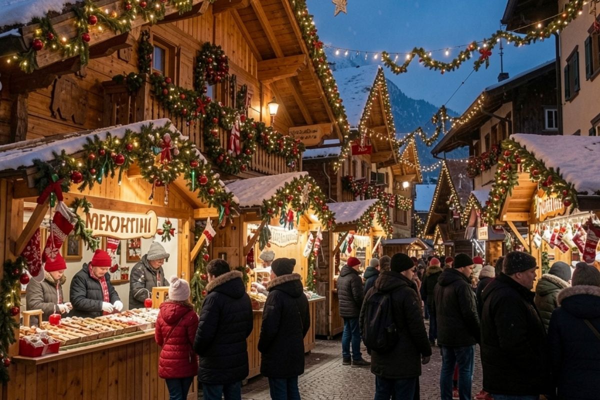 Mercatini di Natale a Novara con decorazioni festive in evidenza